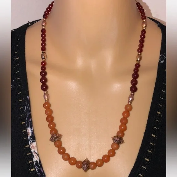 🔴SOLD🔴Graduating Antique Gold Garnet Orange Aventurine Boho Necklace by JM - Picture 11 of 11